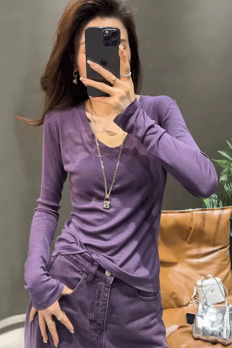 純棉正肩紫色v領修身收腰t恤女長袖春秋歐貨內搭高級感打底衫上衣