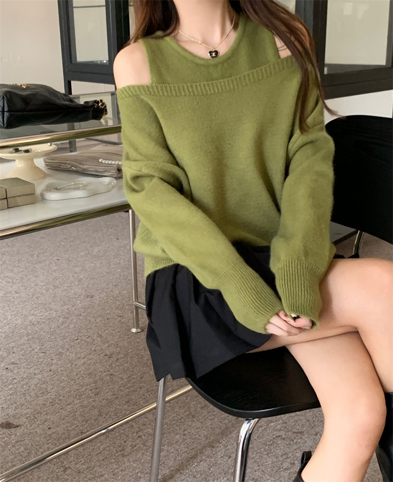 實拍~綠色套頭露肩毛衣背心兩件套女秋冬季外穿寬鬆針織衫