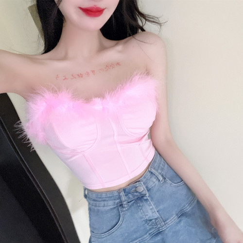 Real shot ~ Sexy pink hot girl with furry tube top, short slim fit inner bra wrap top fishbone female