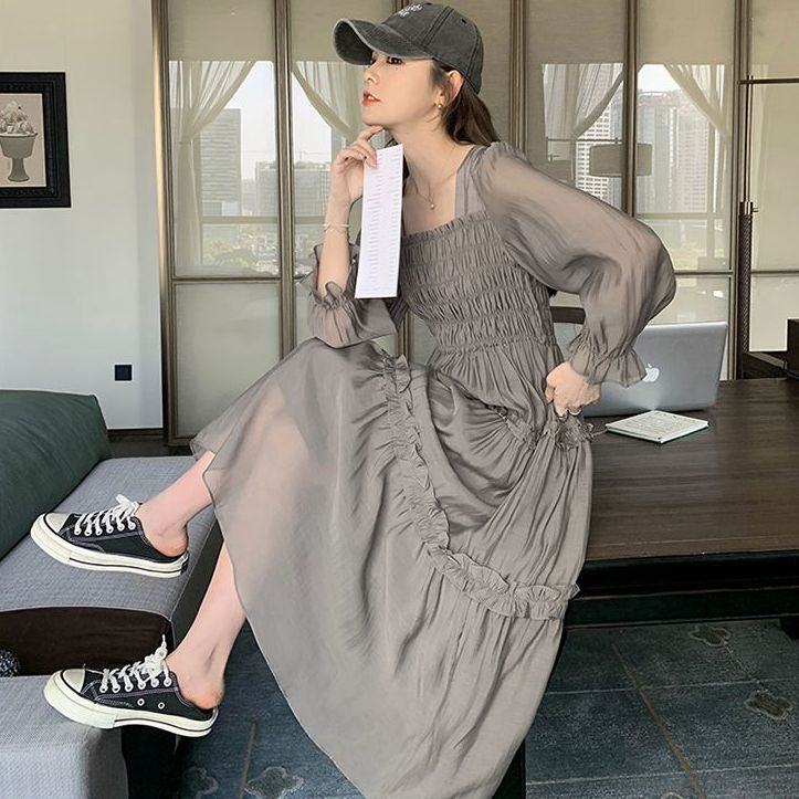 New sweet and fresh long-sleeved ruffle skirt solid color ladylike square collar design niche fashion age-reducing long skirt