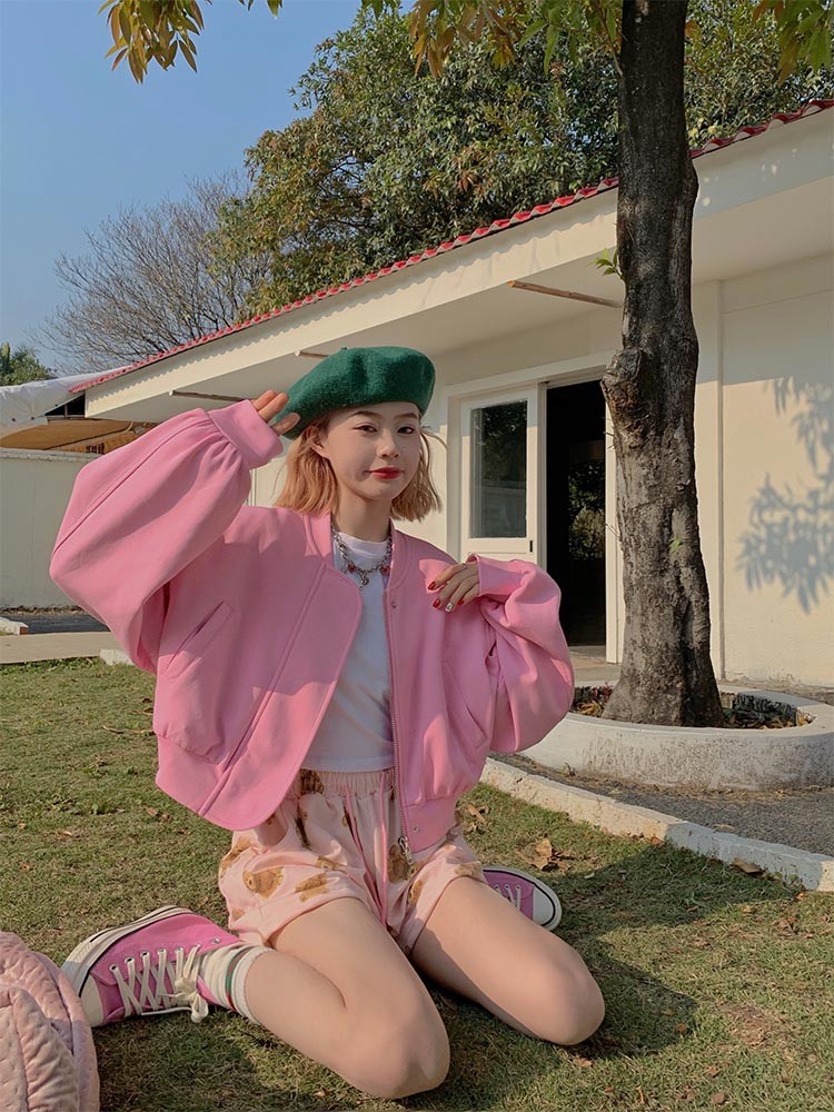 實拍 秋韓chic粉嫩少女短款棒球服外套