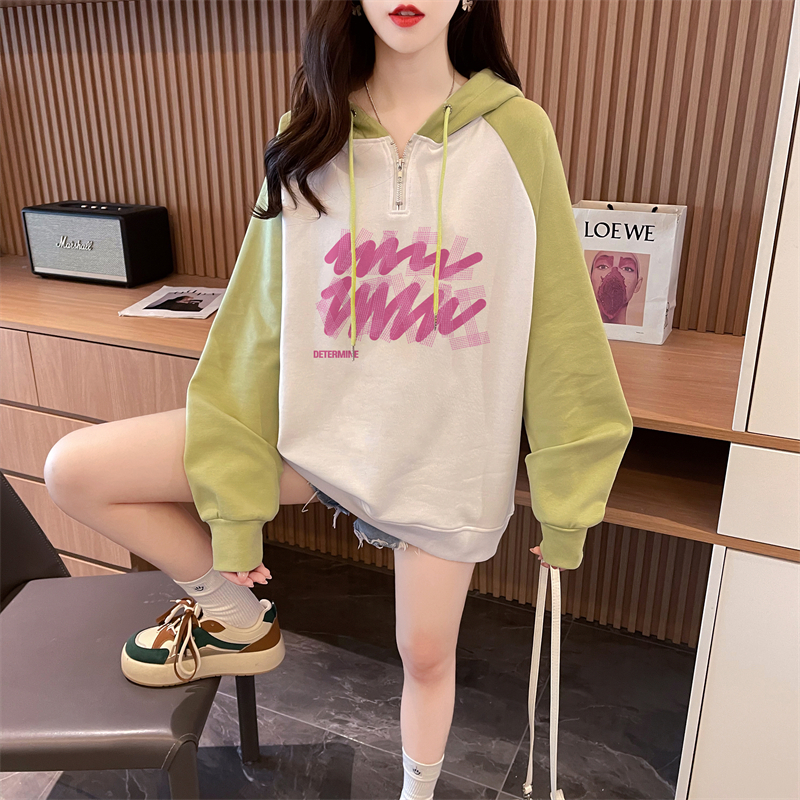 Real shot Autumn Korean version Chinese cotton hooded M-3XL 200 pounds printed loose raglan sleeves large size thin sweatshirt for women