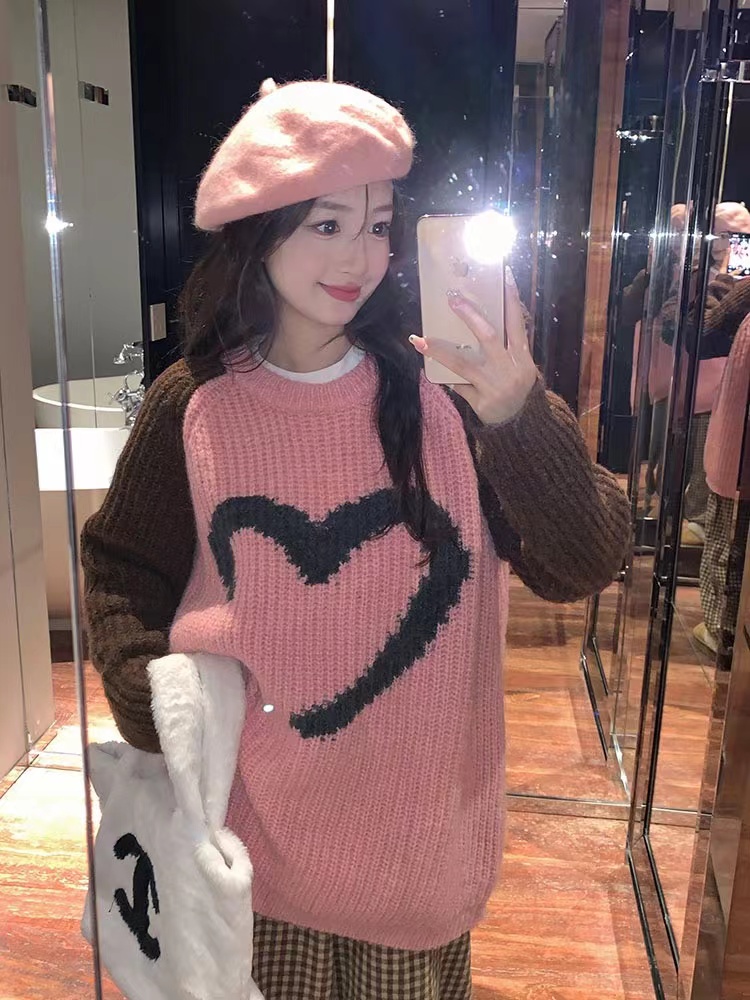 設計感愛心拼色加厚毛衣女秋冬寬鬆慵懶風中長款插肩袖針織衫上衣