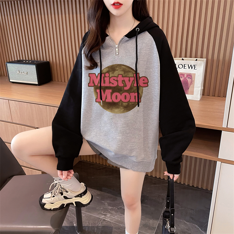 Real shot Autumn Korean version Chinese cotton hooded M-3XL 200 pounds printed loose raglan sleeves large size thin sweatshirt for women