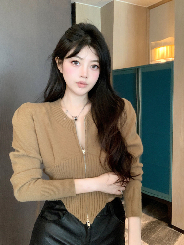 实拍韩国chic复古小众圆领双开拉链设计修身显瘦泡泡袖针织衫毛衣