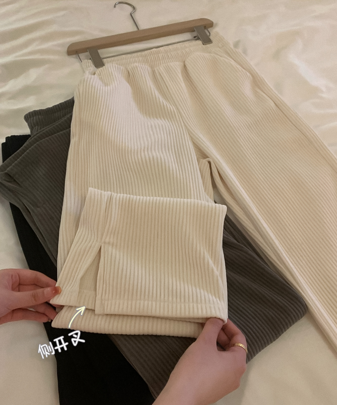 實拍 冬季新款加絨加厚雪尼爾高腰開叉休閒直筒褲