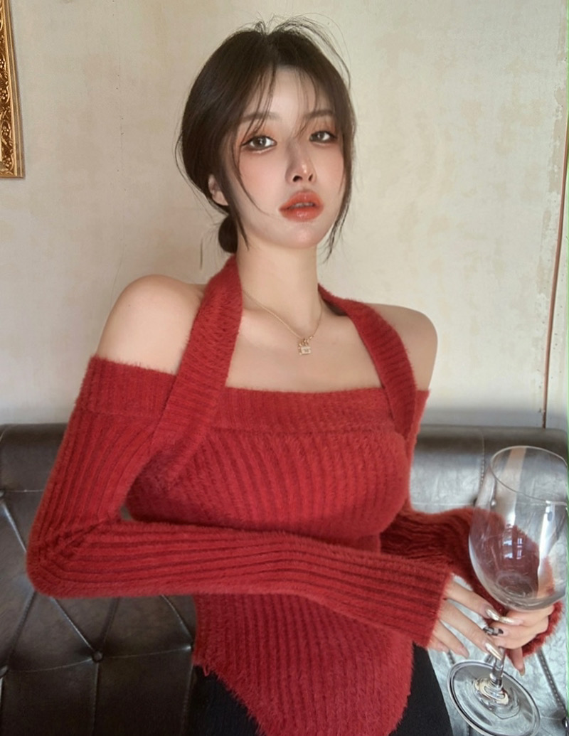 實拍 2303掛脖毛衣打底衫設計感小眾短款內搭緊身海馬毛上衣