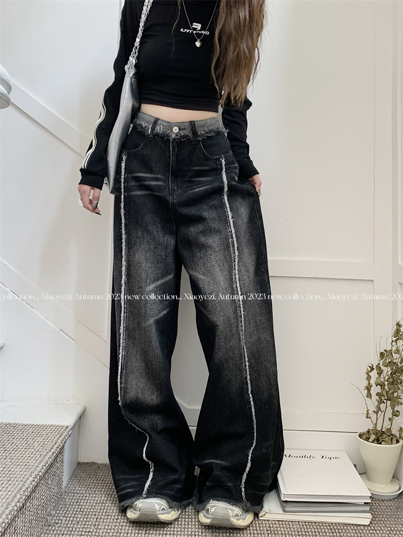 實拍 秋季新款高腰寬鬆闊腿褲長牛仔褲女