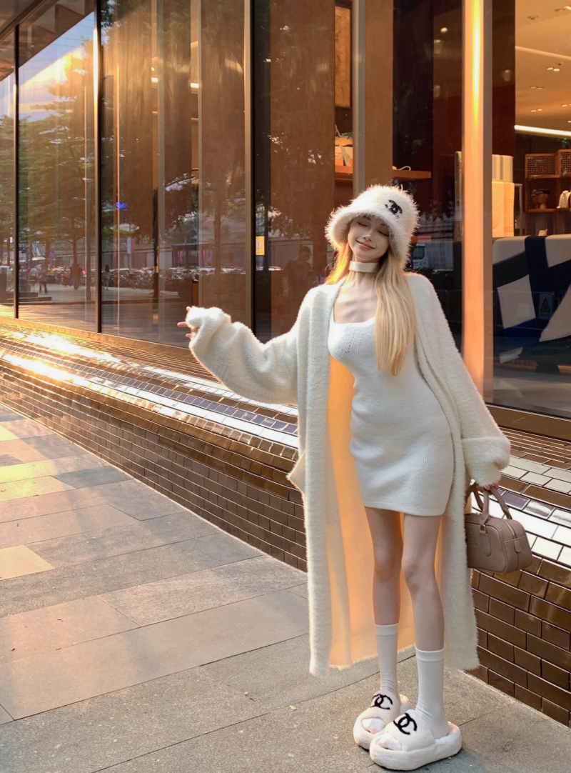 Real shot of lapel sweater jacket, lazy style white knitted cardigan + white knitted dress for women