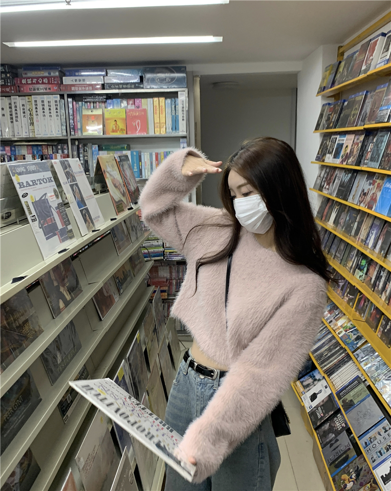 實拍 秋冬溫暖仿水貂毛純色短款針織毛衣毛毛上衣 5色