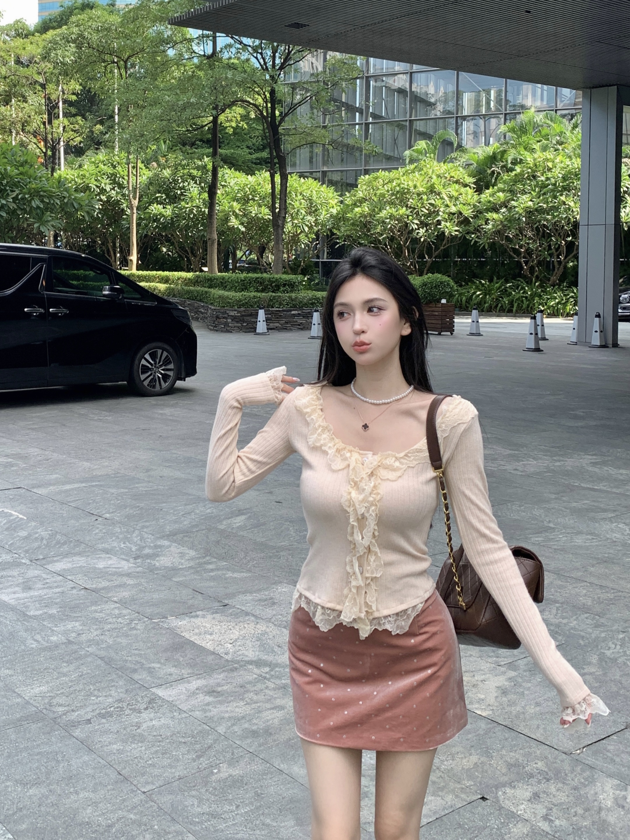 實拍 純欲甜美修身顯瘦蕾絲花邊開衫針織上衣絲絨半裙兩件套