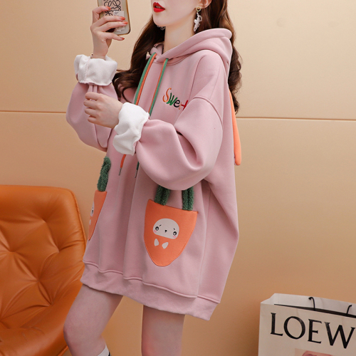 6535 composite super soft winter design  cartoon rabbit letter embroidery plus velvet hooded sweatshirt for women