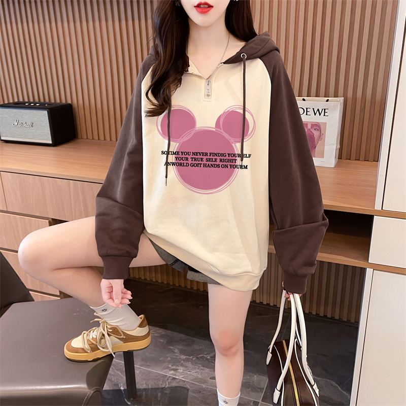 Real shot Autumn Korean version Chinese cotton hooded M-3XL 200 pounds printed loose raglan sleeves large size thin sweatshirt for women