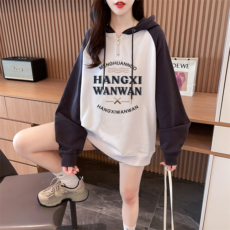 Real shot Autumn Korean version Chinese cotton hooded M-3XL 200 pounds printed loose raglan sleeves large size thin sweatshirt for women
