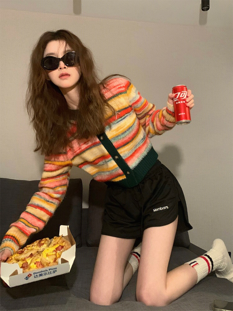 條紋針織衫女高級感彩虹色甜酷減齡漂亮洋氣小衫短款毛衣開衫外套