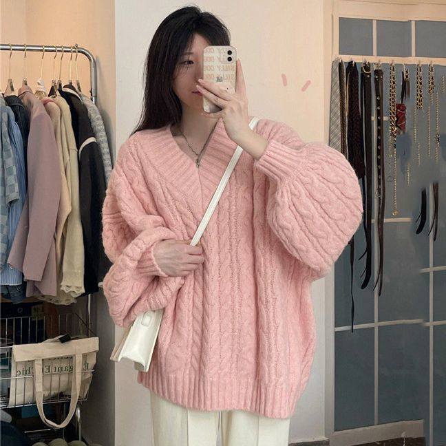 慵懶風復古軟糯加厚V領麻花毛衣女學生秋冬新款韓版寬鬆針織衫潮