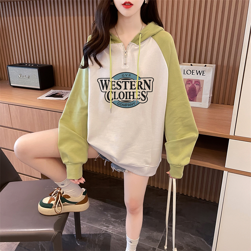 Real shot Autumn Korean version Chinese cotton hooded M-3XL 200 pounds printed loose raglan sleeves large size thin sweatshirt for women