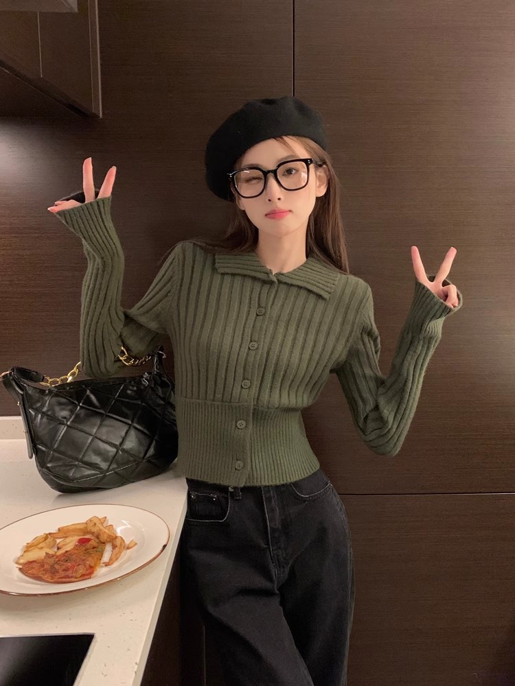 打底毛衣開衫短款翻領坑條收腰針織衫綠色修身掐腰內搭上衣女秋冬