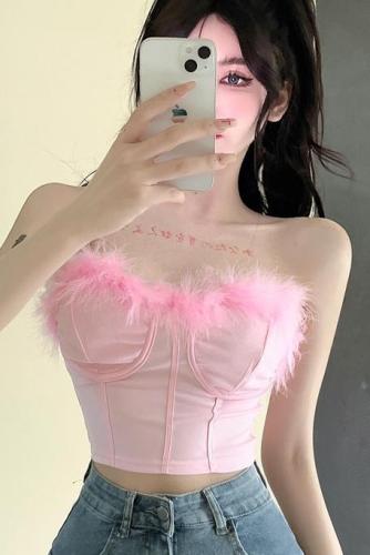 Real shot ~ Sexy pink hot girl with furry tube top, short slim fit inner bra wrap top fishbone female