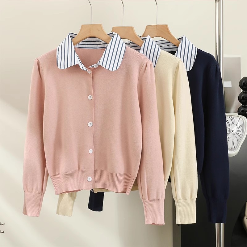 Contrast color fake two-piece Polo collar knitted cardigan for women autumn and winter 2023 new college style long-sleeved short sweater top