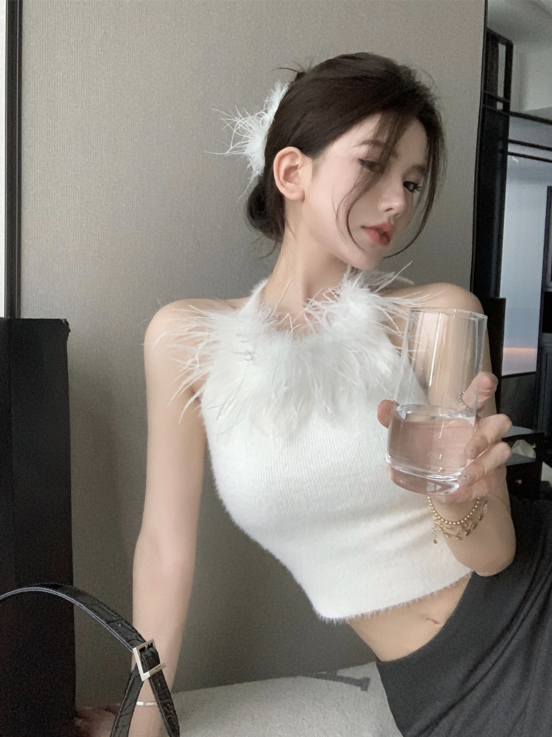 實拍 欲欲仙子毛鴕鳥毛掛脖針織背心女溫柔氣質性感小眾上衣