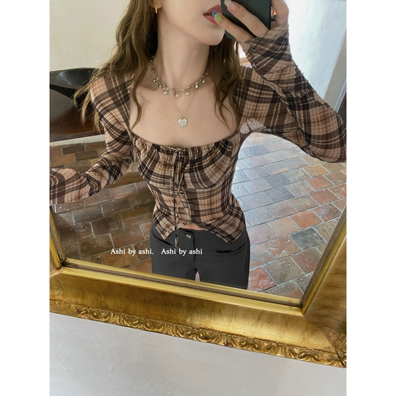 Hot girl square collar plaid shirt women's design niche short style slim fit straps sun protection long sleeves