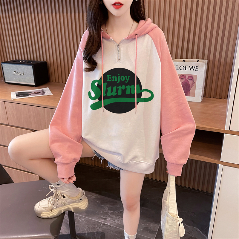 Real shot Autumn Korean version Chinese cotton hooded M-3XL 200 pounds printed loose raglan sleeves large size thin sweatshirt for women