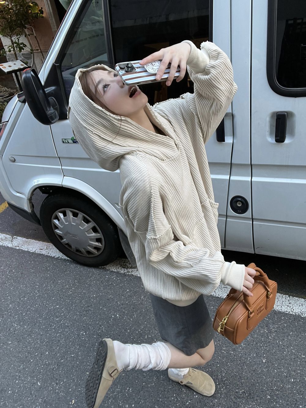 Real shot of three standard loose and lazy design hooded sweatshirt for women