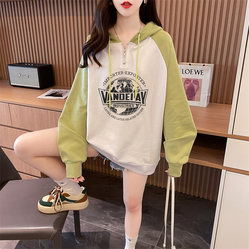 Real shot Autumn Korean version Chinese cotton hooded M-3XL 200 pounds printed loose raglan sleeves large size thin sweatshirt for women