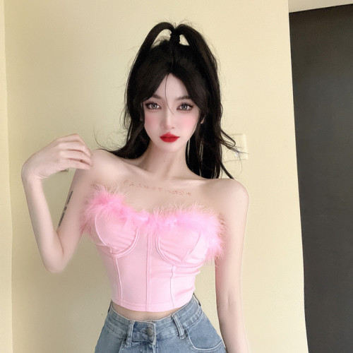 Real shot ~ Sexy pink hot girl with furry tube top, short slim fit inner bra wrap top fishbone female