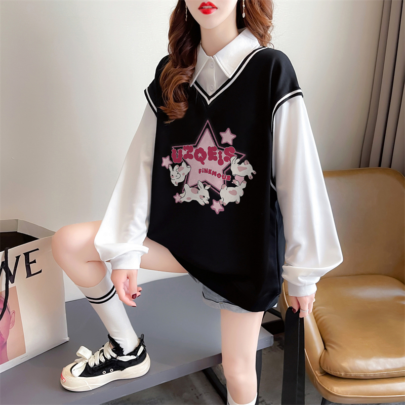 實拍 秋裝後包領韓版M-3XL200斤寬鬆大碼假兩件卡通薄款衛衣女