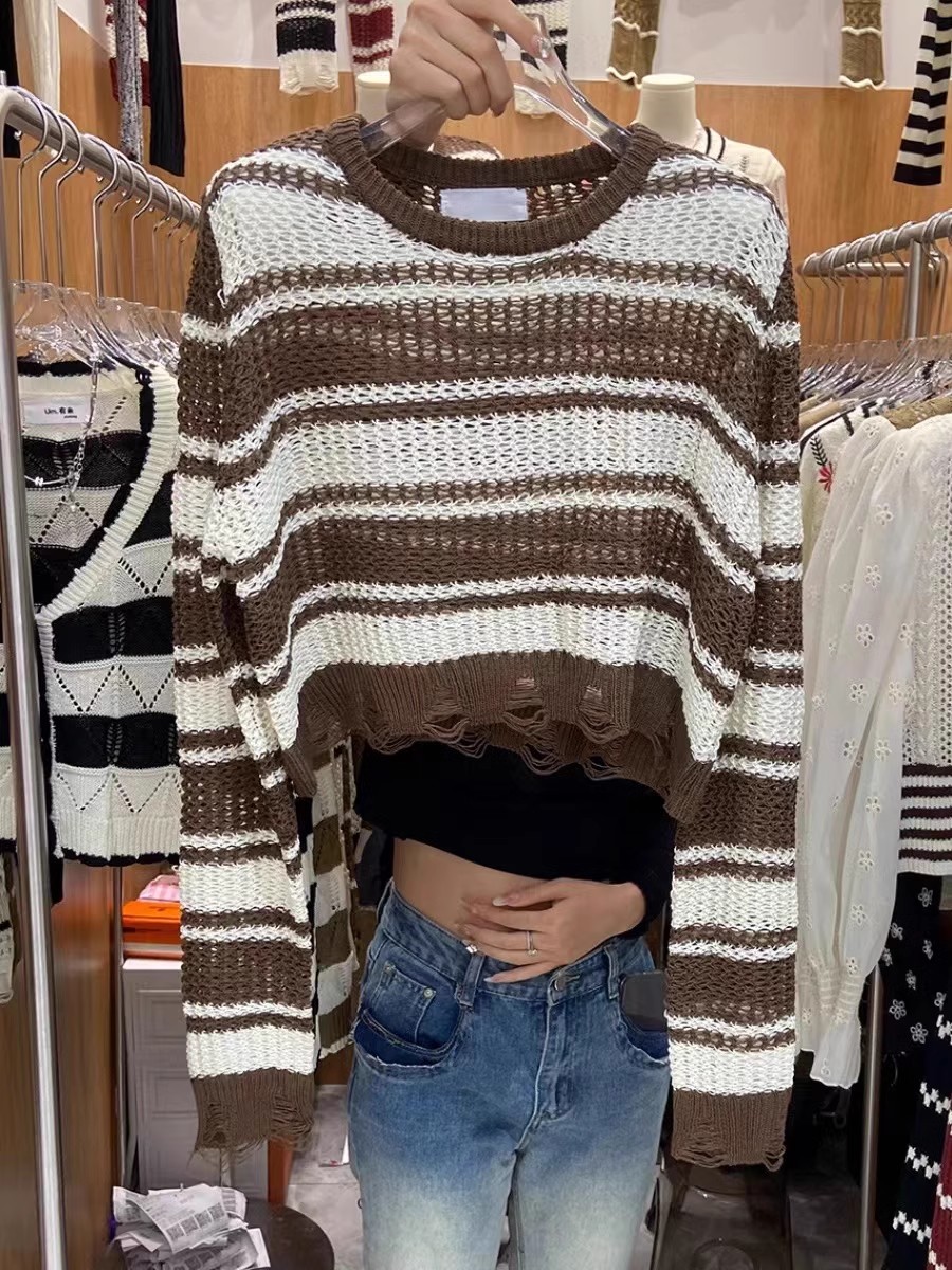 Thirteen Lines 2023 Autumn New Fashion Pullover Round Neck Color Block Striped Long Sleeve Sweater Women’s Short Sweater Trendy