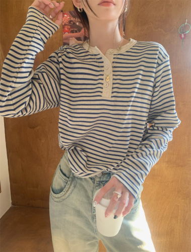 Real shot Autumn and winter basic half-open collar striped long-sleeved bottoming T-shirt top for women