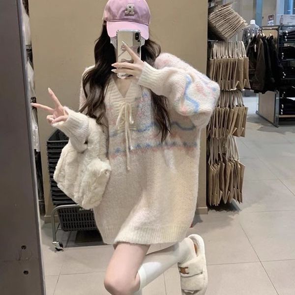 Gentle style V-neck striped long-sleeved sweater for women autumn retro 2023 new loose fashion contrast color lace-up top