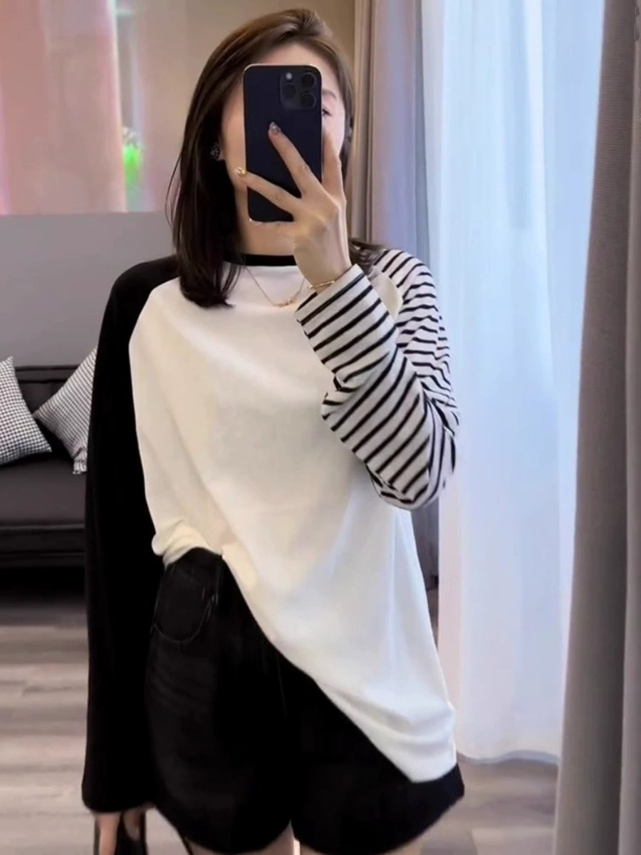 歐貨撞色拼接長袖t恤女春秋薄款2023新款寬鬆純棉設計感小眾上衣