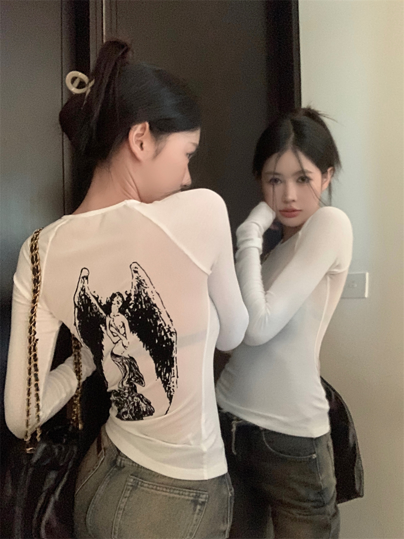 實拍 天使印花辣妹打底衫設計感修身顯瘦長袖印花