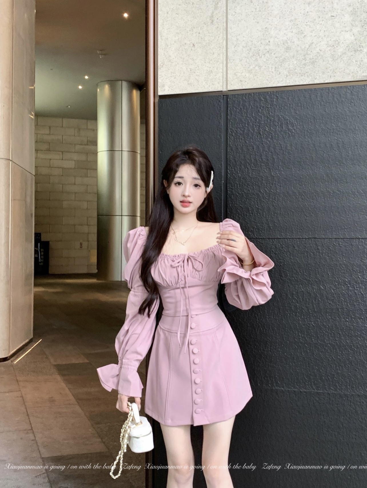 Real shot of early autumn fog pink labelle French generous collar shirt high waist skirt temperament suit