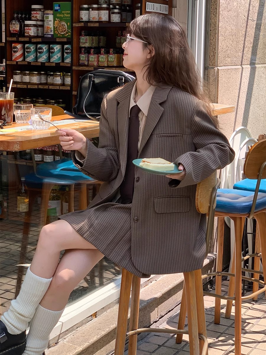 RAINY 英倫學院風格紋分割格子西裝春秋女廓形棕色格紋西服外套