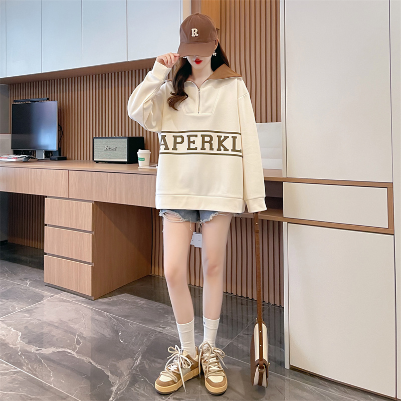 實拍#後包領小個子華棉拉鏈個性寬鬆拼接上衣女印花衛衣女