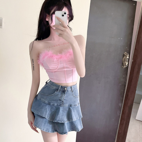 Real shot ~ Sexy pink hot girl with furry tube top, short slim fit inner bra wrap top fishbone female