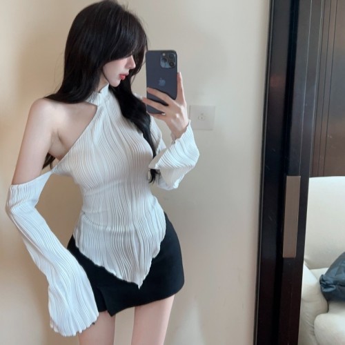 Actual shot ~ Pure desire hottie white off-shoulder autumn and winter new long-sleeved irregular top versatile T-shirt for women