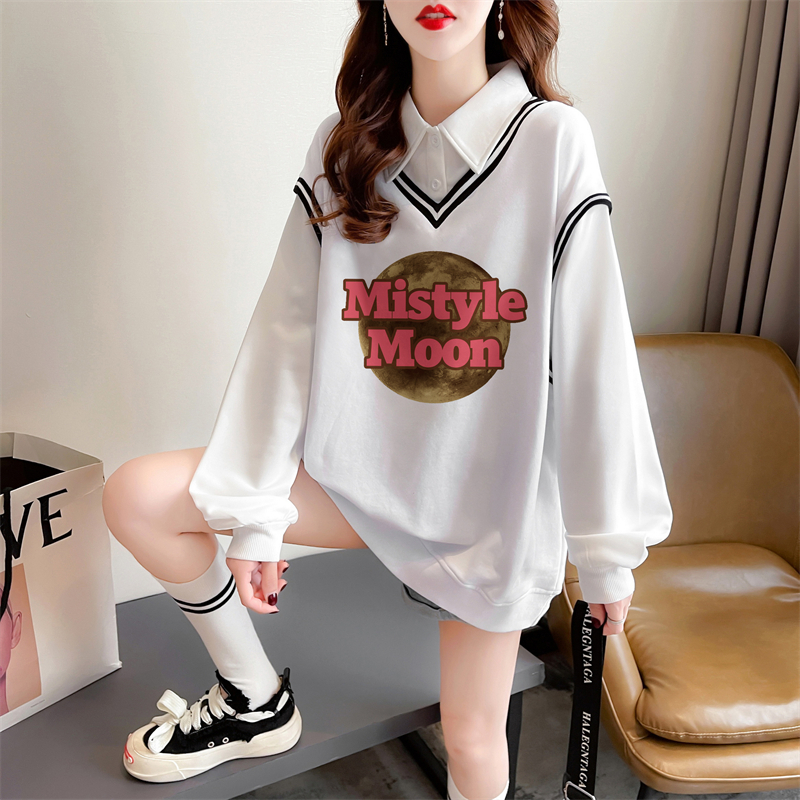 實拍 秋裝後包領韓版M-3XL200斤寬鬆大碼假兩件卡通薄款衛衣女