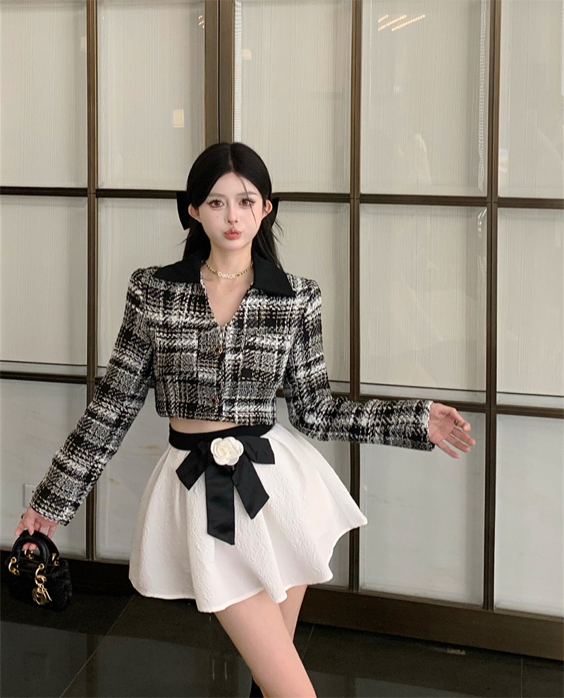 Actual shot Lapel short style jacket cardigan top + high waist skirt short skirt suit