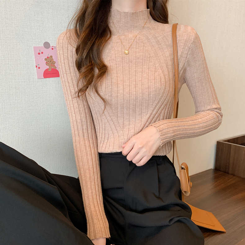 2023春秋季新款半高領修身緊身打底針織衫薄款內搭長袖毛衣女秋冬