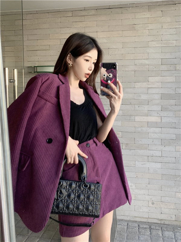 實拍  秋冬季新款燈芯絨外套高腰包臀半身裙西裝兩件套裝女