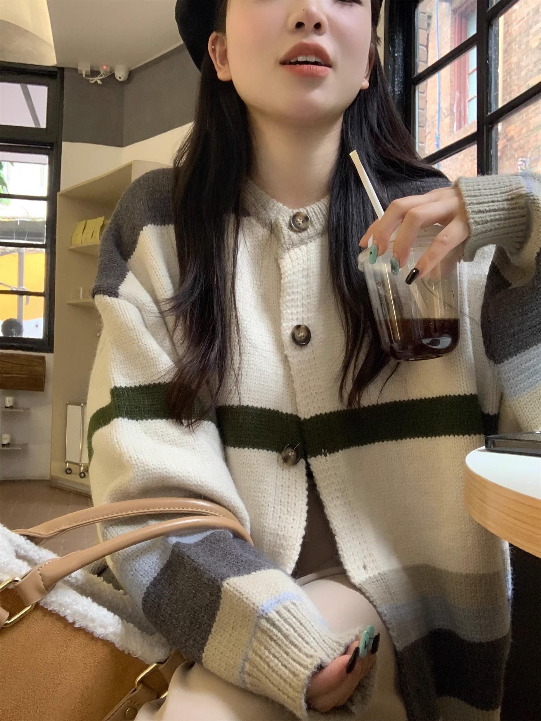 條紋毛衣外套女春秋季新款加厚日系慵懶復古寬鬆外穿長袖針織開衫