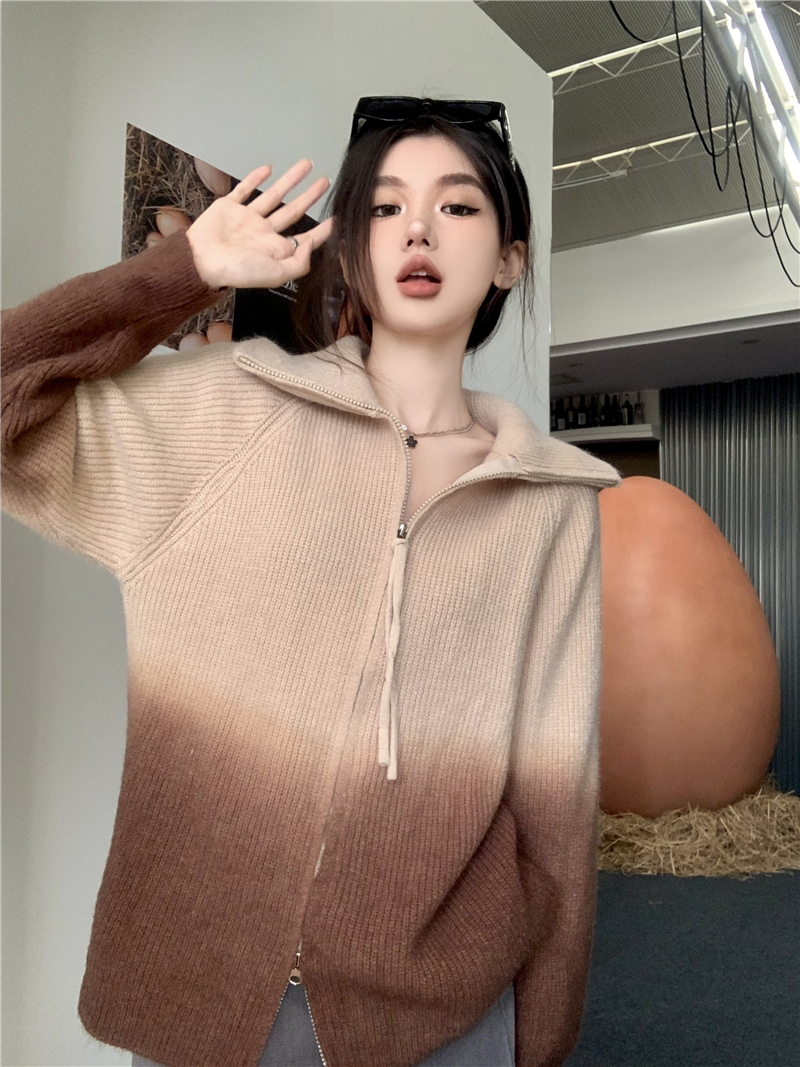 實拍 秋季韓版復古漸變色雙拉鏈顯瘦翻領休閒毛衣開衫外套