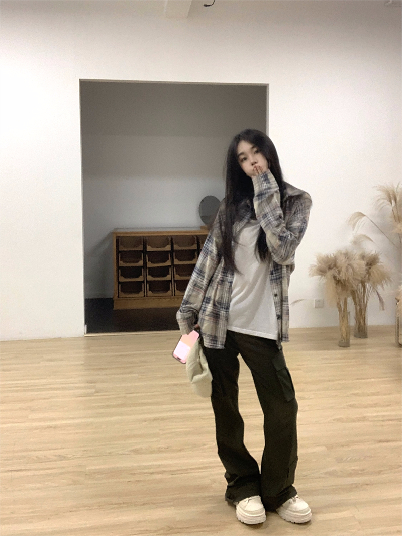 實拍   撞色拼接oversize格子襯衫+工裝微喇休閒褲