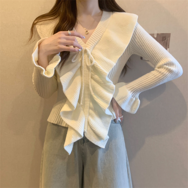 實拍 高級感純欲甜美荷葉邊喇叭袖設計感小眾毛衣女