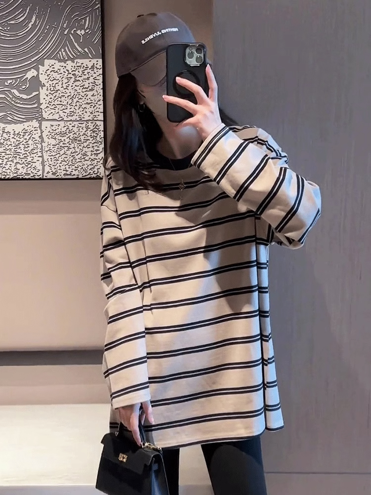 早秋中長款條紋長袖t恤女2023新款寬鬆顯瘦慵懶風打底衫秋季上衣